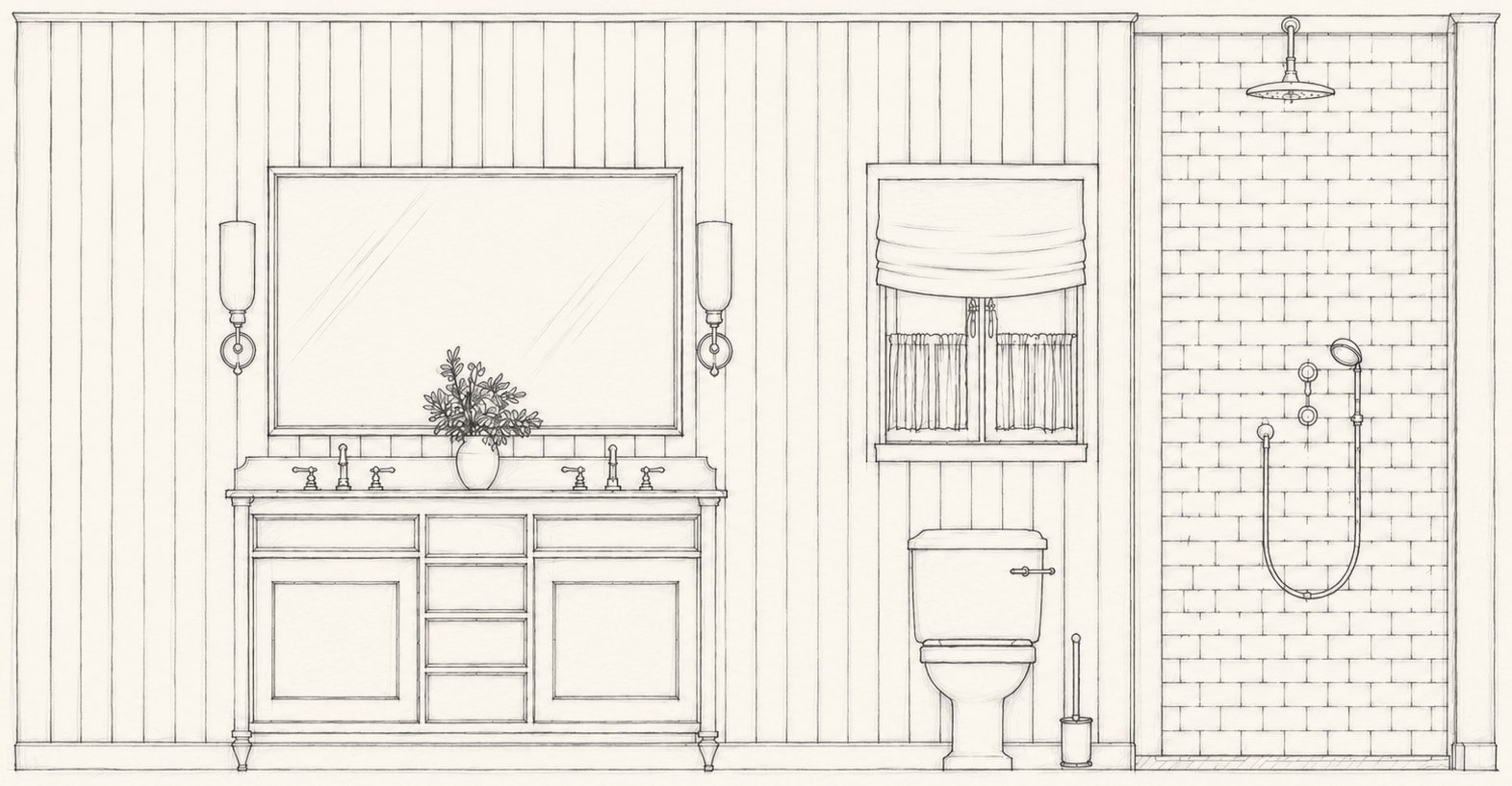 Hand drawn elevation of a panelled bathroom: double vanity, window with a Roman blind, and a tiled shower