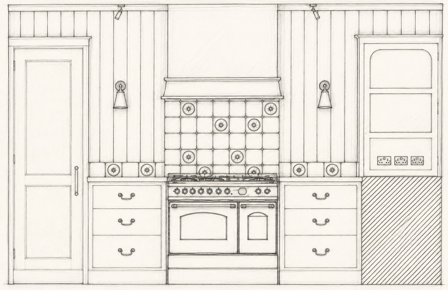 Hand drawn elevation of a panelled kitchen: a range cooker beneath a hood and a tiled splashback, with drawers, wall lights and tall cupboards either side
