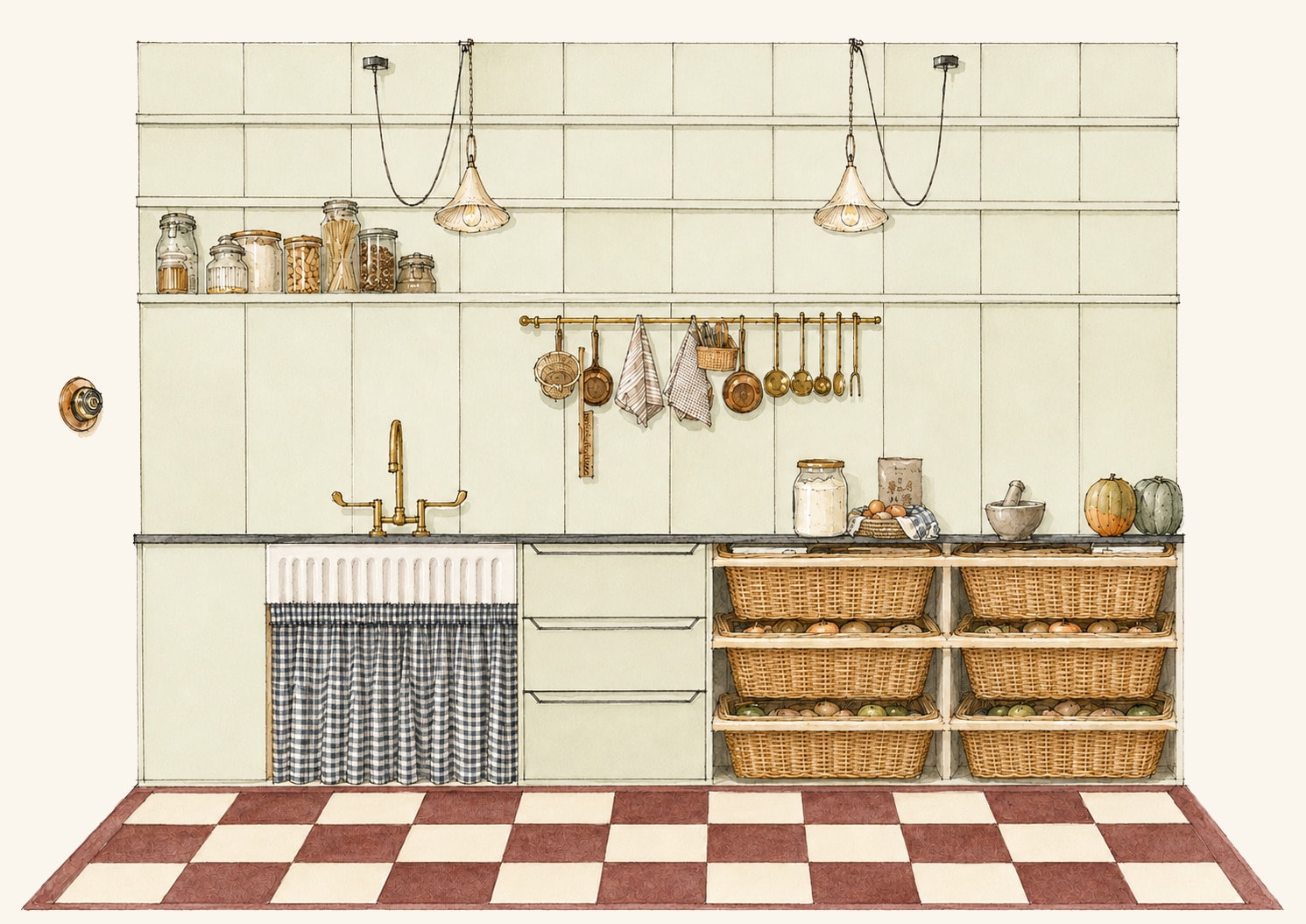 Illustration of a kitchen, open shelving and brass rail above a run of baskets